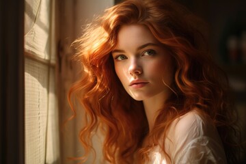 Fototapeta premium Canvas of Elegance: Portrait of a Red-haired Irish Artist in her Cinematic Art Studio