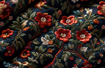 Obraz na płótnie Canvas Seamless pattern of flowers on embroidered fabric. Generative ai