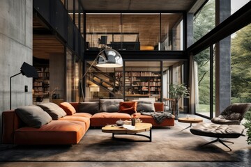 Obraz na płótnie Canvas Harmony of Elements: Industrial Modern Home in Earth Tones with Concrete and Wood Fusion