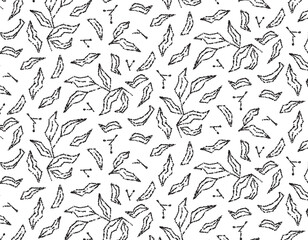 Leaves pattern, seamless pattern on a transparent background. Black line, botanical pattern.