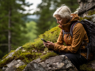 An active elderly woman hiking wearing an orange jacket in nature checking her smart phone