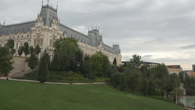 Panning view of Culture Palace in Iasi, Romania