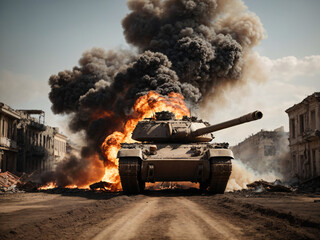 Tank in a war with a big explosion and fire - obrazy, fototapety, plakaty