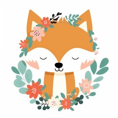 Fototapeta na wymiar Cute Cartoon Fox with Floral Decorations, Flat Illustration Design for Nursery Wall