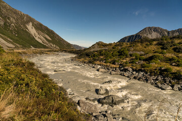 The Tasman river flowingb through the valley in the national Park