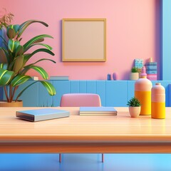 Obraz na płótnie Canvas Interior of modern living room with wooden table, sofa, shelf and plants, 3d render, Ai Generated