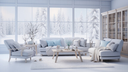 cozy Scandinavian living room with minimalistic decor, soft pastel colors and geometric patterns, featuring snowflakes and pinecones - obrazy, fototapety, plakaty