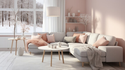 cozy Scandinavian living room with minimalistic decor, soft pastel colors and geometric patterns, featuring snowflakes and pinecones - obrazy, fototapety, plakaty
