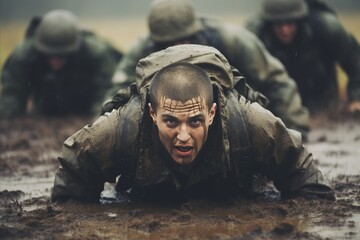 modern soldiers participating in physical fitness drills, exercises, passing obstacle course