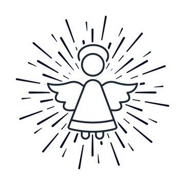  Festive rays of light and angel.  Vector linear illustration icon isolated on white background.