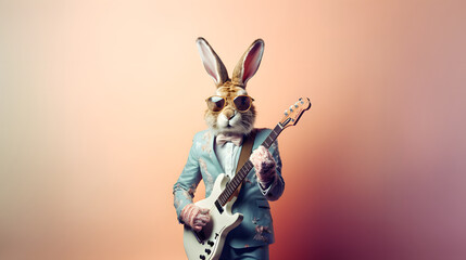 Abstract, modern, Easter bunny plays a guitar in a rock band standing and posing as a human. Modern hipster, animal in fashion suit. - obrazy, fototapety, plakaty