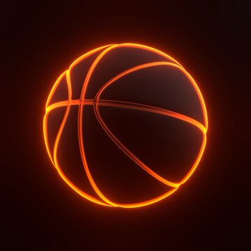 Basketball ball with bright glowing futuristic orange neon lights on black background. 3D icon, sign and symbol. Cartoon minimal style. 3D render illustration