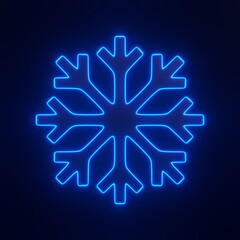Icy Snowflake Icon with bright glowing futuristic blue neon lights on black background. 3D icon, sign and symbol. Front view. 3D render illustration