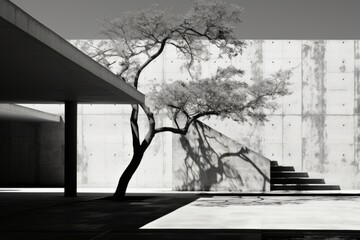 Black and white image of whimsical tree with lush foliage outside an ultra-modern minimalist concrete and glass building. Live objects and inanimate background monochrome combination.