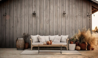 Rustic Farmhouse Patio with Neutral Tones and Natural Textures