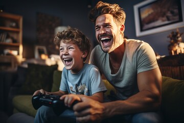 Happy Caucasian little boy and his father playing video game at home. Excited dad and son having fun, laughing cheerfully, enjoying their time together using gaming console. Family weekend concept.