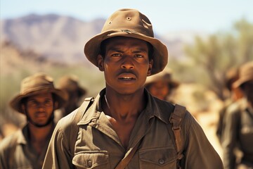 Fototapeta premium african american soldier in retro uniform standing in front of comrades-in-arms