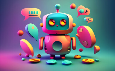 Robot pequeño de colores vibrantes junto con globos de diálogo y reacciones de redes sociales - obrazy, fototapety, plakaty