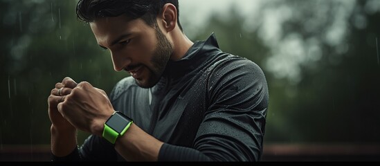 Young athletic man using fitness tracker or smart watch run training outdoors - obrazy, fototapety, plakaty