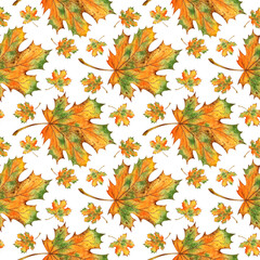 Watercolor illustration of a pattern of autumn orange maple leaves on an isolated background. Suitable for autumn festival design, Halloween, greeting cards, invitations, poster design.