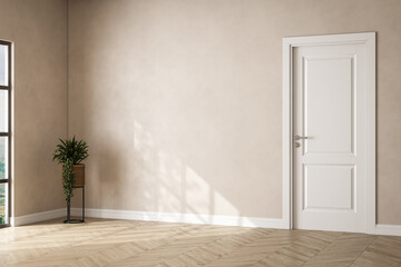 Modern and minimalist interior of living room ,empty room ,beige wall and wooden floor, plant.