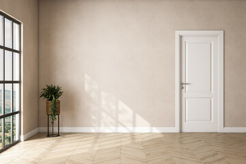 Modern and minimalist interior of living room ,empty room ,beige wall and wooden floor, plant.