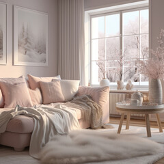 cozy Scandinavian living room with minimalistic decor, soft pastel colors and geometric patterns, featuring snowflakes and pinecones