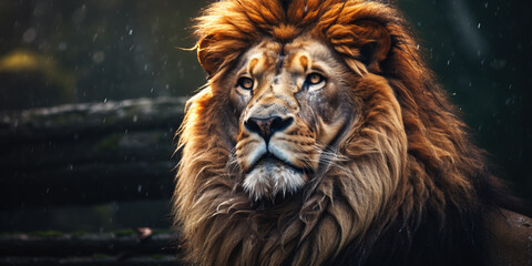 Male lion sitting in african landscape