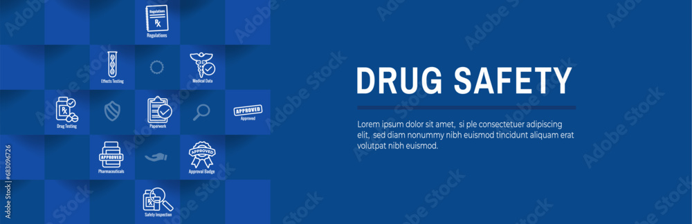 Wall mural pharmaceuticals and medications icon set with web header banner for fda approval