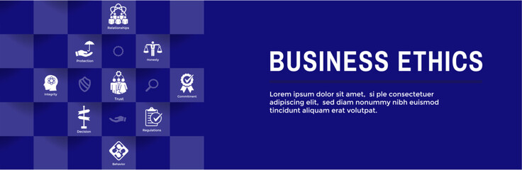 Business Ethics Web Banner and Icon Set with Honesty, Integrity, Commitment, and Decision - obrazy, fototapety, plakaty