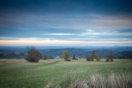 Panorama of the top and summit of Vrh Rajac moutain at dusk in autumn. Rajac is a mountain of Sumadija in Serbia, part of the dinaric alps, a major serbian natural touristic destination.