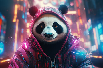 Cyberpunk style panda concept with bright neon colors. - obrazy, fototapety, plakaty