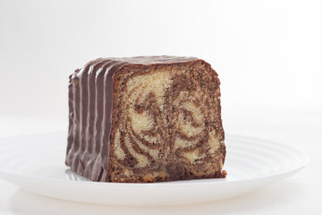 Portion of marbled chocolate sponge cake