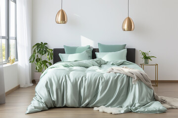 Comfortable blue bed with pillows in modern bedroom - obrazy, fototapety, plakaty