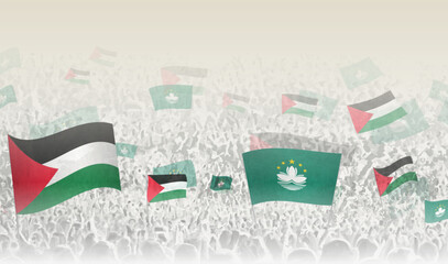 Palestine and Macau flags in a crowd of cheering people.