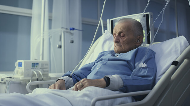 Homme âgé qui dort dans son lit d'hôpital, machine à dialyse