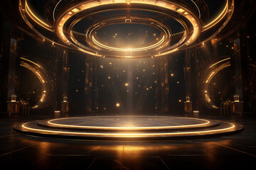 Futuristic empty stage with lights and a round podium - obrazy, fototapety, plakaty