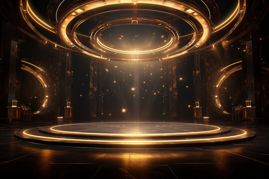 Futuristic empty stage with lights and a round podium