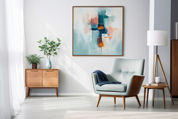 Fototapeta na wymiar Living room interior with armchair, coffee table, lamp and a painting on the wall. 3d render