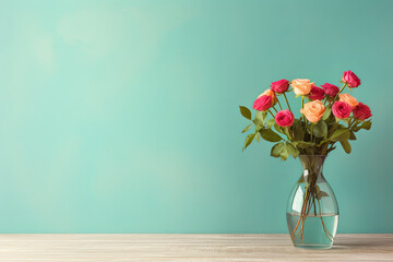 Bouquet of red roses in vase on turquoise background - obrazy, fototapety, plakaty