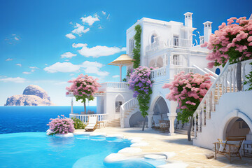 White architecture on Santorini island, Greece. 3D rendering - obrazy, fototapety, plakaty