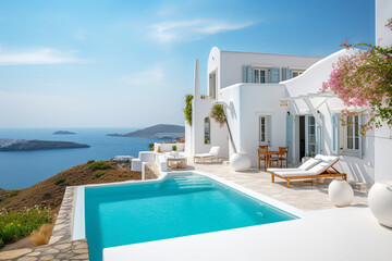 White villa with swimming pool on the background of a blue sky - Powered by Adobe
