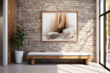 Interior of modern living room with brick walls, tiled floor, wooden bench and window with winter landscape. 3d render