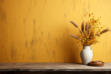 Dried grass in vase on wooden background. 3d rendering