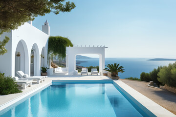 White villa with swimming pool on the background of a blue sky - obrazy, fototapety, plakaty