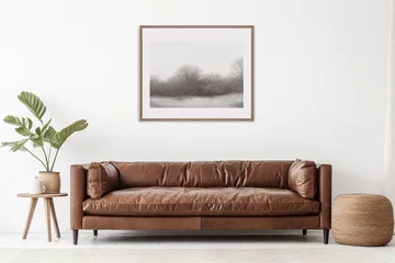 Foto op Aluminium modern living room with brown leather sofa and black picture on the wall © koala studio