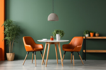 Interior of modern dining room with green walls, wooden floor, orange armchairs and round table. 3d render