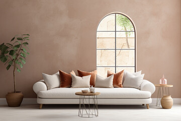 interior with brown wall, sofa and plant, 3d render