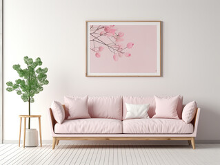 Modern interior with pink sofa and plant. 3d render illustration.