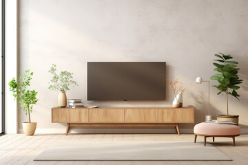 Interior of modern living room with wooden furniture, TV and bookcase. 3d render